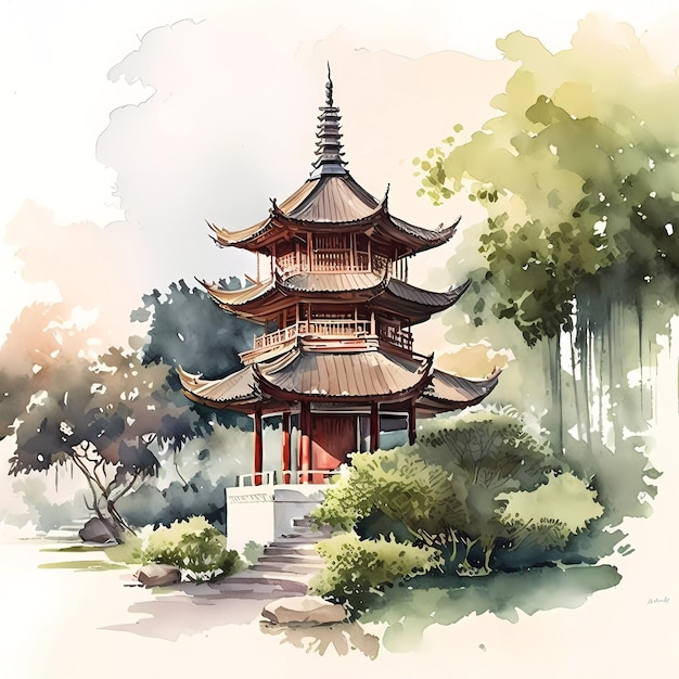 Una pintura de acuarela de una pagoda en un parque.