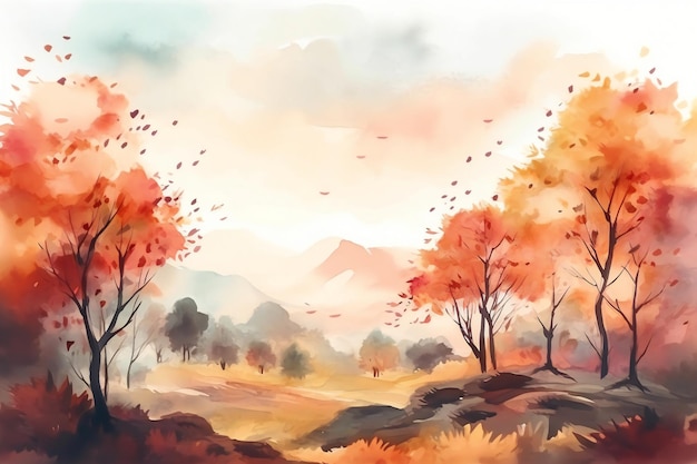 Una pintura de acuarela de un paisaje con árboles y montañas al fondo.