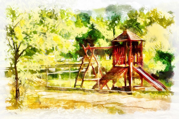 Pintura acuarela paisaje con árboles en el parque Imitación de arte digital moderno pintado a mano con tinte aquarells