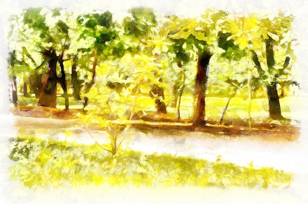 Pintura acuarela paisaje con árboles en el parque Imitación de arte digital moderno pintado a mano con tinte aquarells