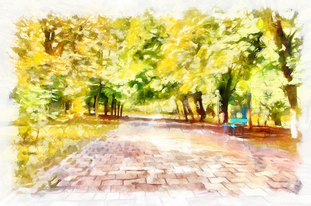 Pintura acuarela paisaje con árboles en el parque Imitación de arte digital moderno pintado a mano con tinte aquarells