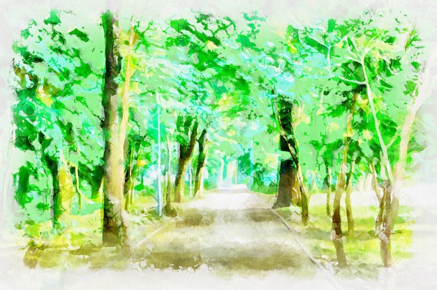 Pintura acuarela paisaje con árboles en el parque Imitación de arte digital moderno pintado a mano con tinte aquarells