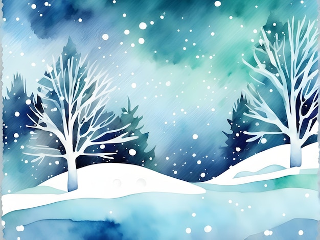 Pintura en acuarela de un paisaje de invierno con nieve en el fondo nocturno