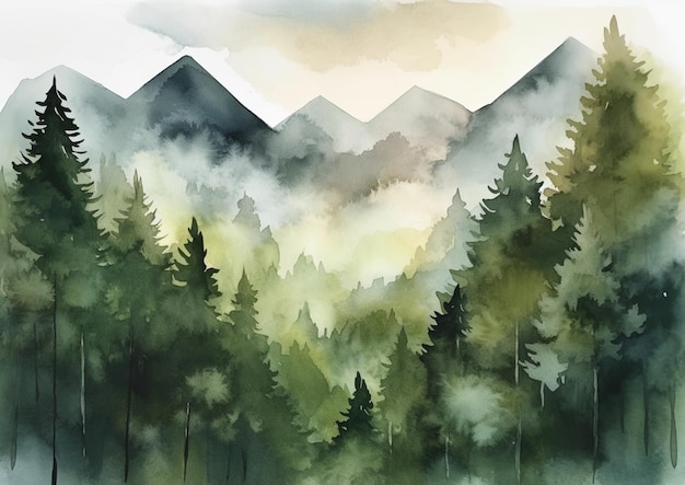 Una pintura de acuarela de un paisaje de montaña con un bosque en primer plano.