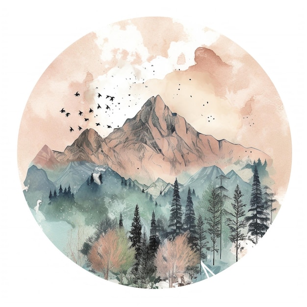 Una pintura de acuarela de un paisaje de montaña con pájaros volando a su alrededor.