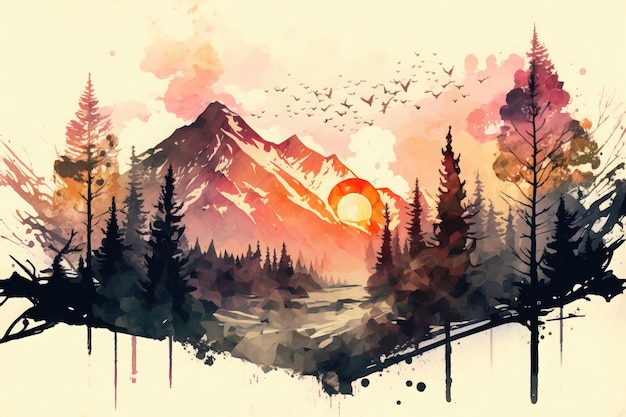 Una pintura de acuarela de un paisaje montañoso con una montaña y el sol en el cielo.