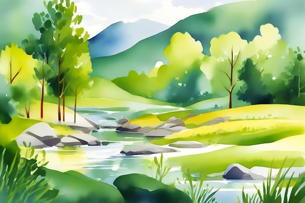 Una pintura en acuarela de un paisaje pacífico, ilustración de estilo de pintura y papel tapiz