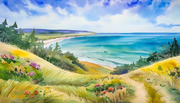 Pintura en acuarela de un paisaje con paisaje de dunas y océano azul hermoso paisaje natural