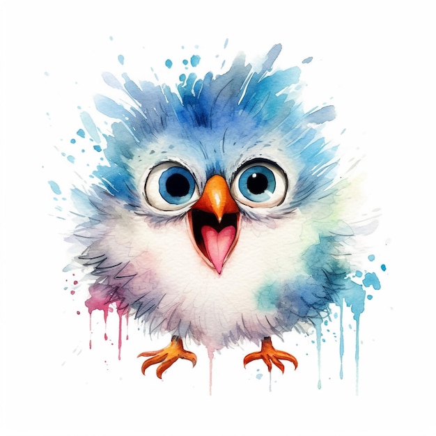 Una pintura de acuarela de un pajarito con ojos azules y un pico azul.