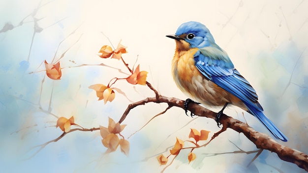una pintura en acuarela de un pájaro azul en una rama.