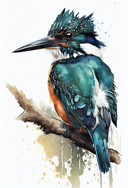 Una pintura de acuarela de un pájaro martín pescador