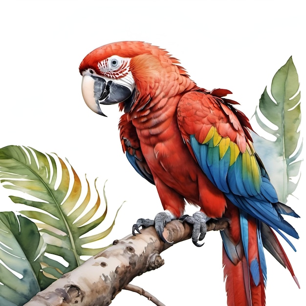 Pintura en acuarela de un pájaro tropical macaw rojo y azul