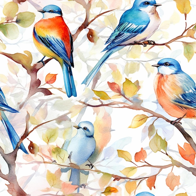 Una pintura de acuarela de pájaros en una rama.