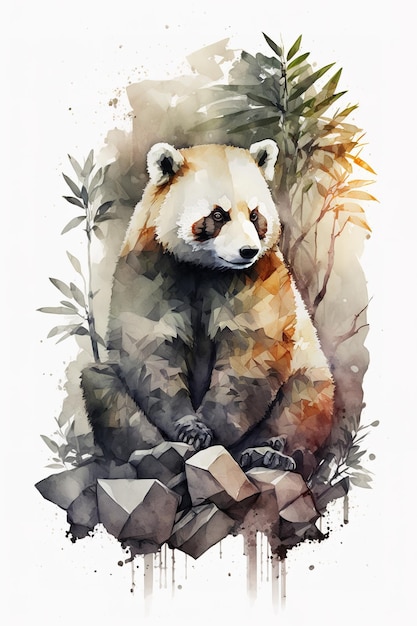 Una pintura de acuarela de un panda con una cara negra y una raya blanca en la cara.