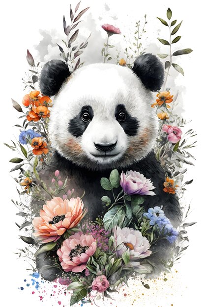 Una pintura de acuarela de un panda con flores.