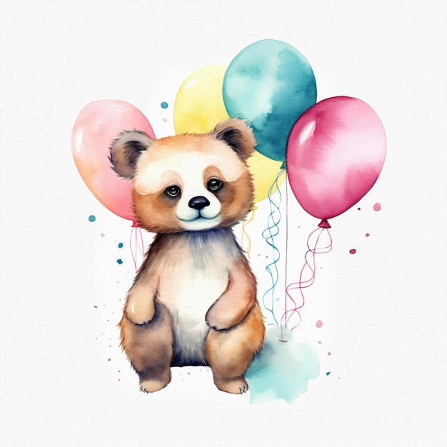 Una pintura de acuarela de un panda con globos en el fondo.