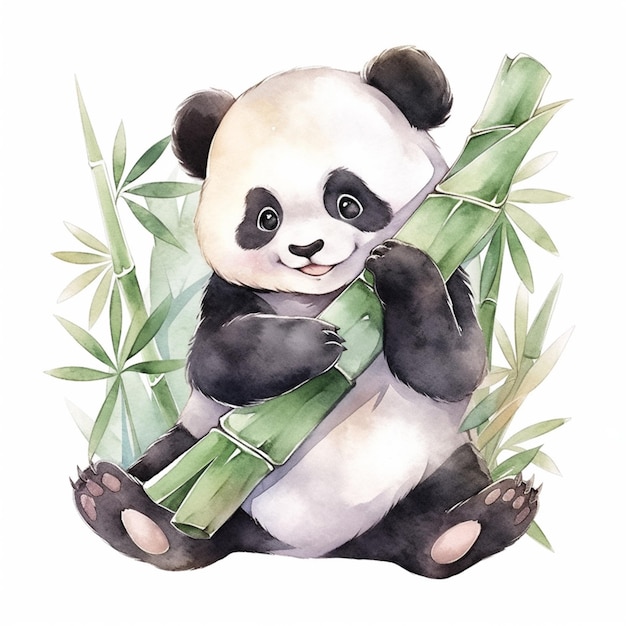 Una pintura de acuarela de un panda con hojas de bambú.