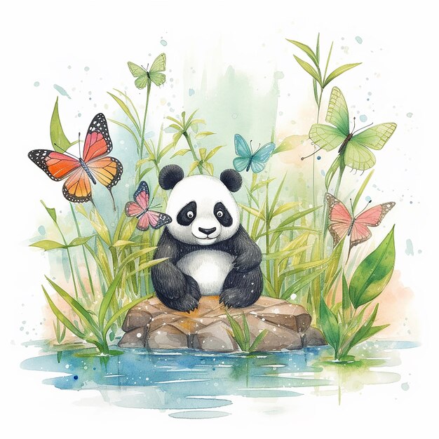 Una pintura de acuarela de un panda sentado en una roca rodeado de mariposas.