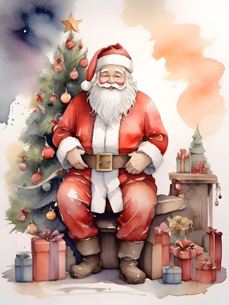 pintura en acuarela de Papá Noel junto a un árbol de Navidad