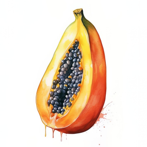 Una pintura en acuarela de una papaya con la palabra papaya escrita.