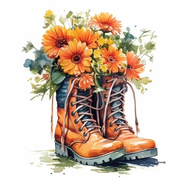 Una pintura de acuarela de un par de botas con flores naranjas.