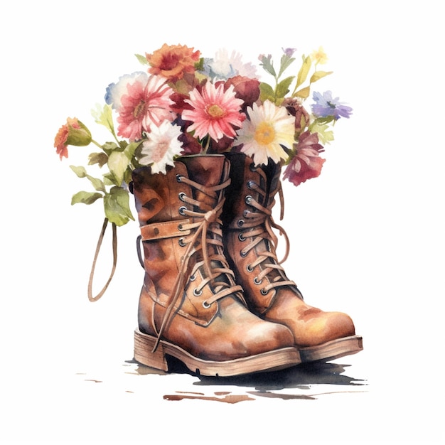 Una pintura de acuarela de un par de botas con flores.