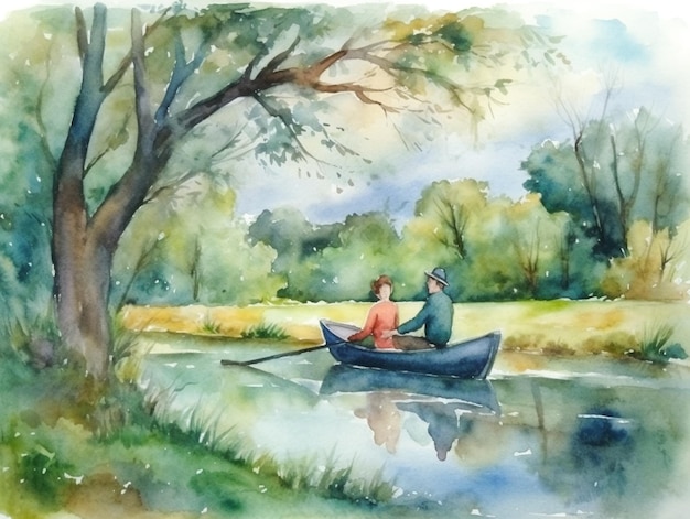 Una pintura de acuarela de una pareja en un bote