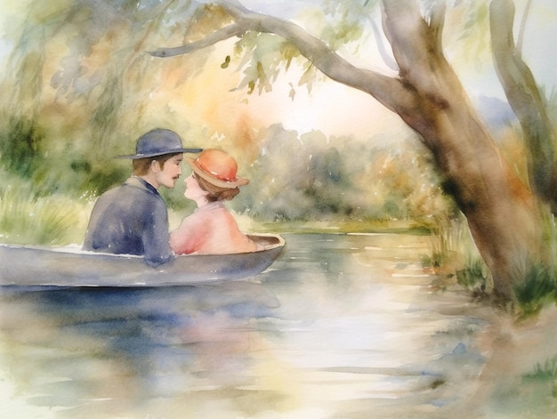 Una pintura de acuarela de una pareja en un bote