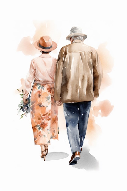 Una pintura de acuarela de una pareja caminando de la mano.