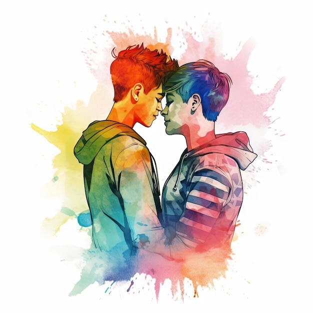 Pintura en acuarela de una pareja LGBT de dieciocho años