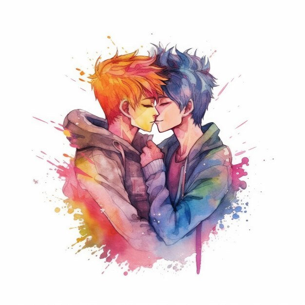 Pintura en acuarela de una pareja LGBT de dieciocho años