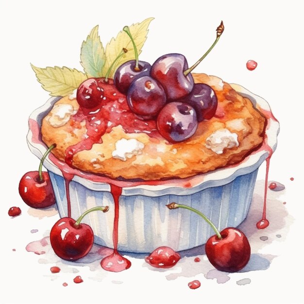 Pintura acuarela de un pastel de cerezas con cerezas en la parte superior.