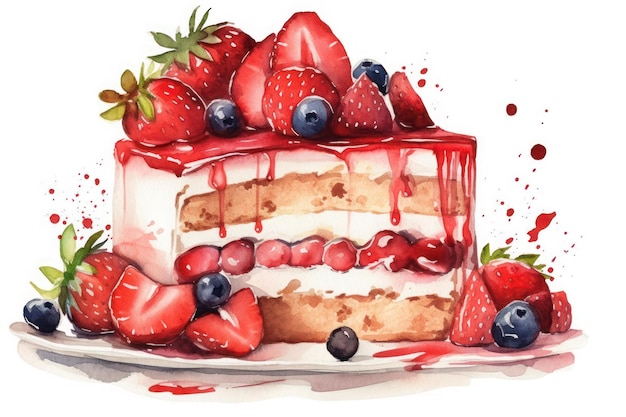 Una pintura de acuarela de un pastel con fresas y arándanos.