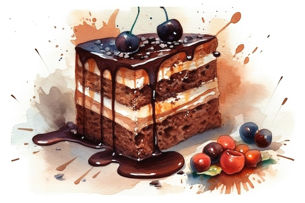 Una pintura de acuarela de un pastel con salsa de chocolate y cerezas.