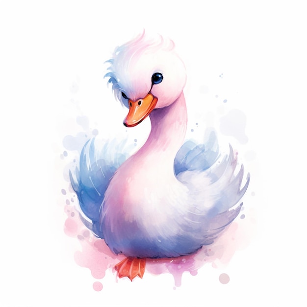 Una pintura de acuarela de un pato blanco con ojos azules y un pico rosa.