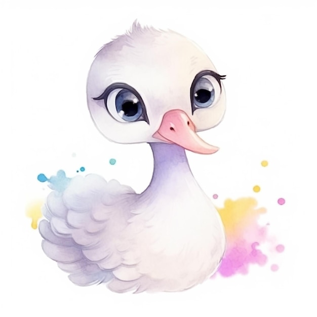 Una pintura de acuarela de un pato blanco con ojos azules.