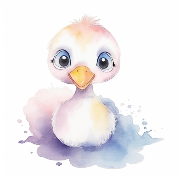 Una pintura de acuarela de un pato con ojos azules.