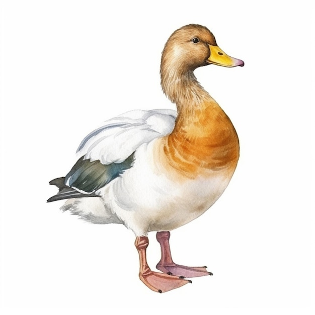 Una pintura de acuarela de un pato con patas naranjas y un fondo blanco.