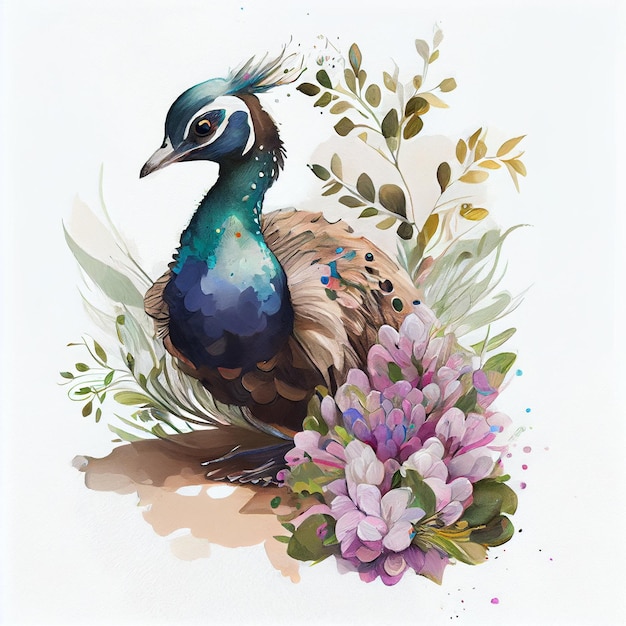 Una pintura de acuarela de un pavo real con flores y hojas.