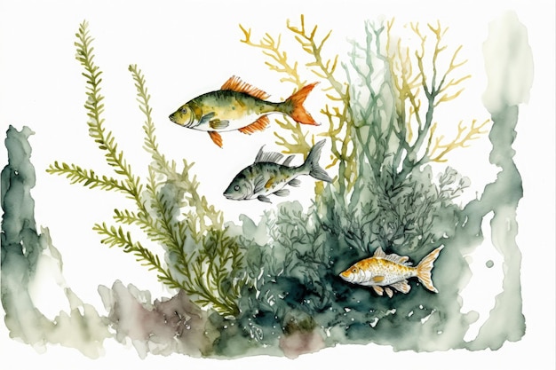 Una pintura de acuarela de peces nadando en las algas AI generativa