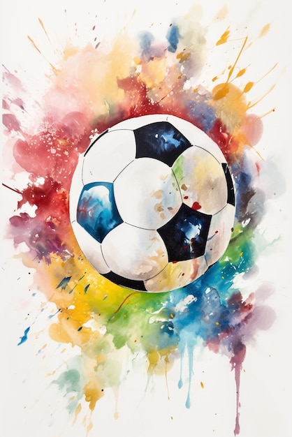 Foto una pintura de acuarela de una pelota de fútbol con un fondo colorido.