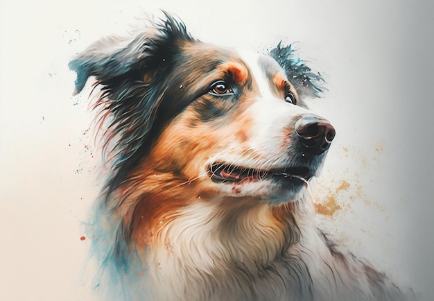 Una pintura de acuarela de un perro con una cara azul y ojos marrones.