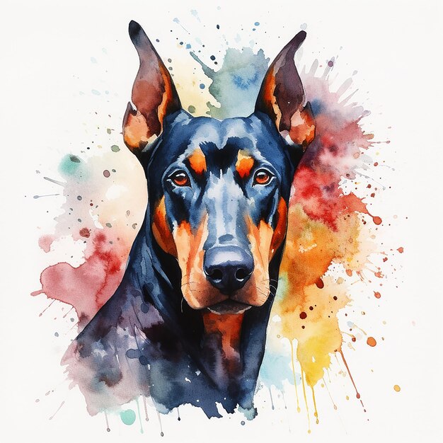 Una pintura de acuarela de un perro con la cara negra y los ojos rojos.