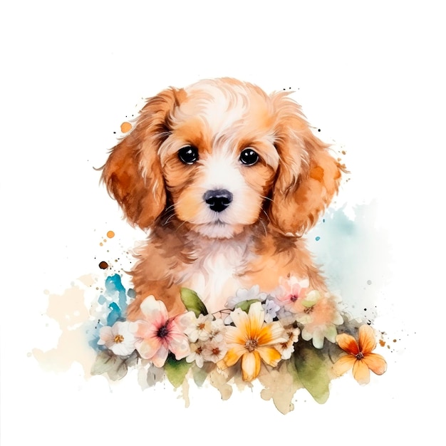 Pintura acuarela de un perro con flores.