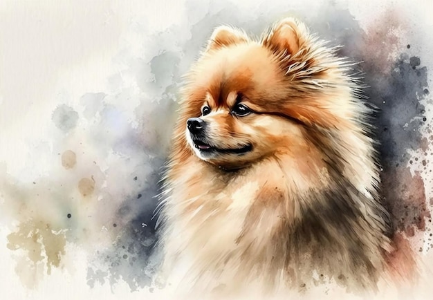 Pintura acuarela de un perro con fondo azul y las palabras pomerania a la izquierda.