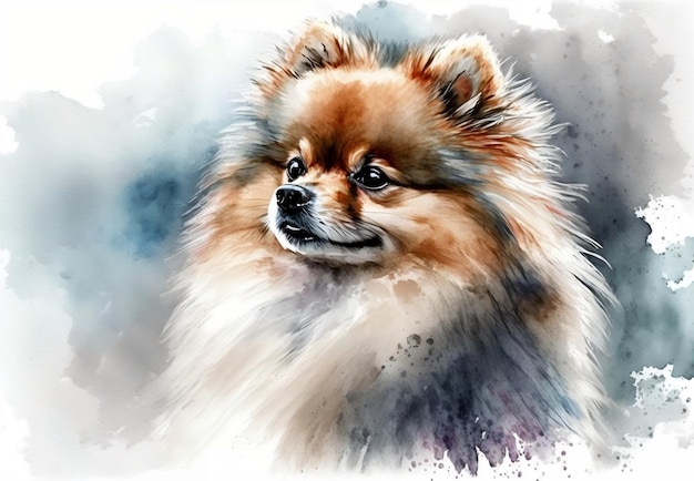 Pintura acuarela de un perro con fondo azul y las palabras 'spitz' en la cara.