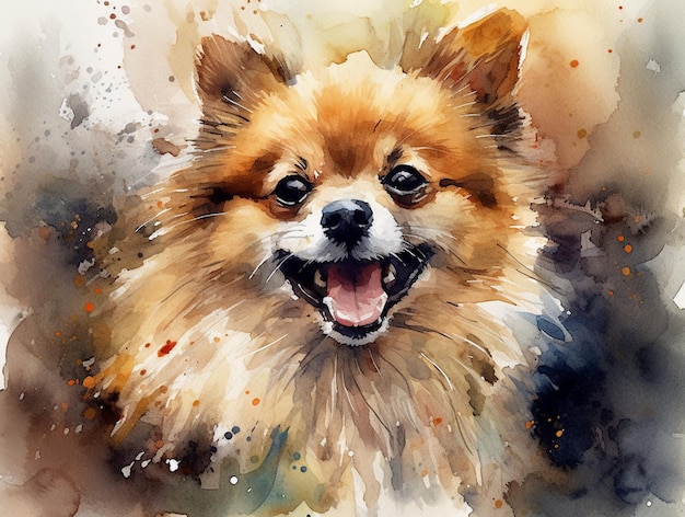 Una pintura de acuarela de un perro con una gran sonrisa.