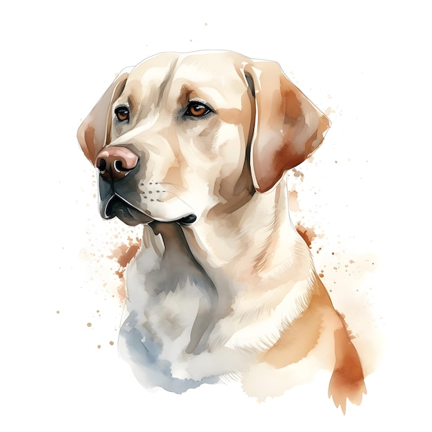 Una pintura de acuarela de un perro labrador amarillo.