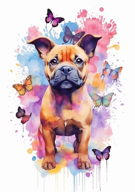 Una pintura de acuarela de un perro con mariposas.