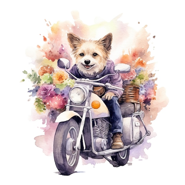 Una pintura de acuarela de un perro montando una motocicleta Imagen AI generativa